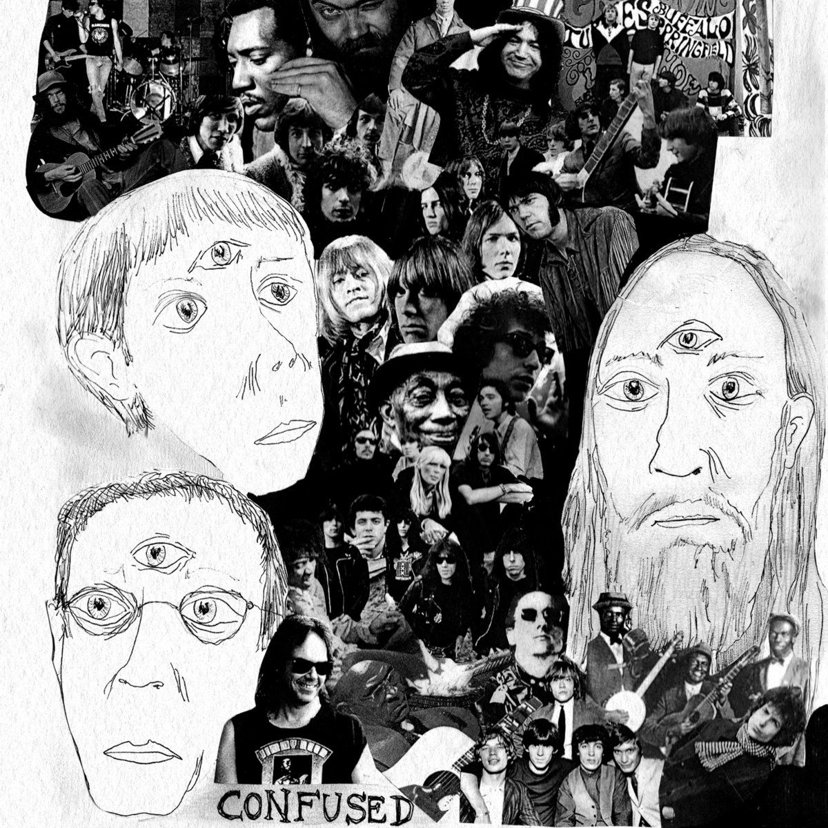 Cover art for Confused by Gluebag. Black and white collage featuring cut up and photocopied photos of notable blues, folk, and rock musicians juxtaposed with hand-drawn portraits of the three members of Gluebag, all with a third eye on their foreheads. The handwritten word 'Confused' shows at the bottom of the image.